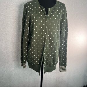 LOFT Olive Green Polka Dot Cardigan stripe cuffs Size L